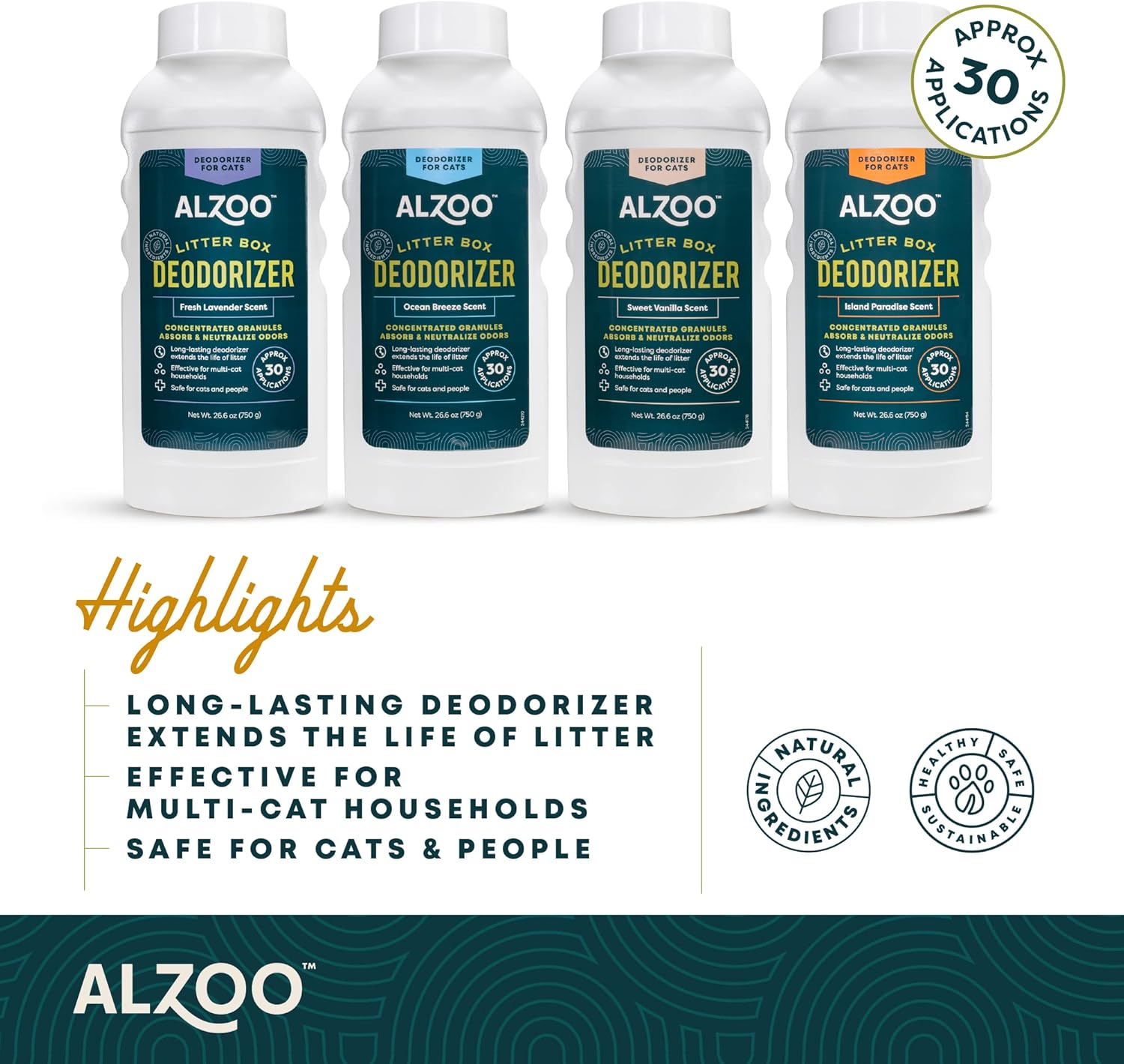 ALZOO Cat Litter Deodorizer, Concentrated Granules Absorb & Help Neutralize Odors, 100% Plant-Based Active Ingredients, Up to 30 Uses, Island Paradise Scent, 26.6 Oz.