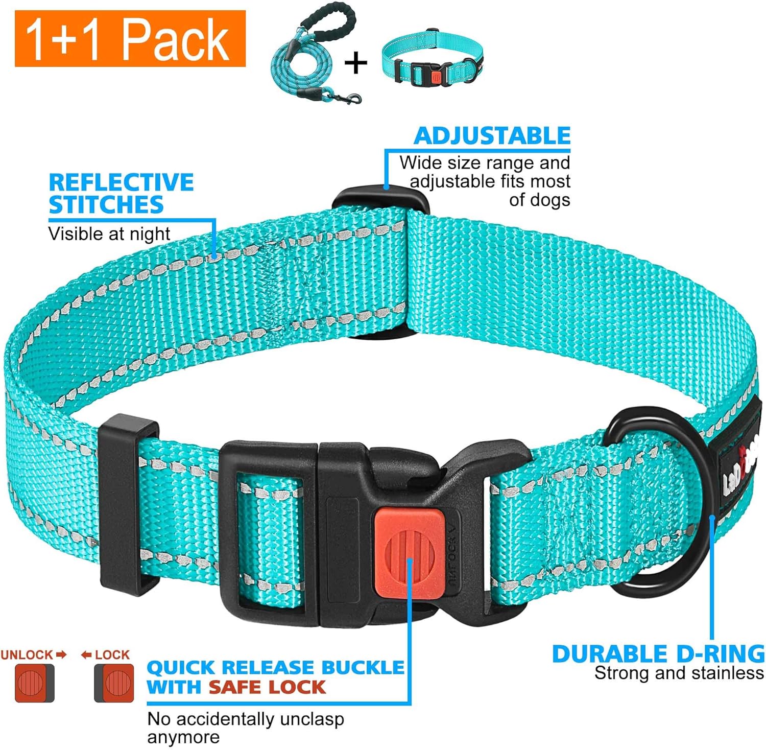 Heavy Duty Dog Leash - Comfortable Padded Handle, 5 ft Long - Dog Leashes for Small Medium Large Dogs (Leash+Collar S Neck 13.5"-16", Blue)