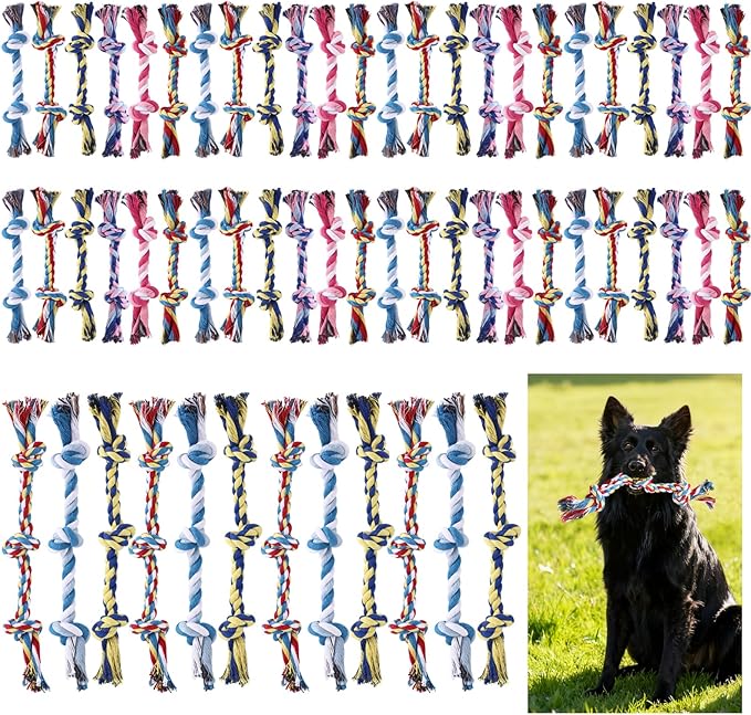 60 Pcs Knot Rope Dog Toys Multi Color Puppy Chew Toy for Dental Dog Teething Toys 48Pcs 2 Knot and 12Pcs 3 Knot Dog Tug Set for Small and Medium Dogs Aggressive Chewers Supplies