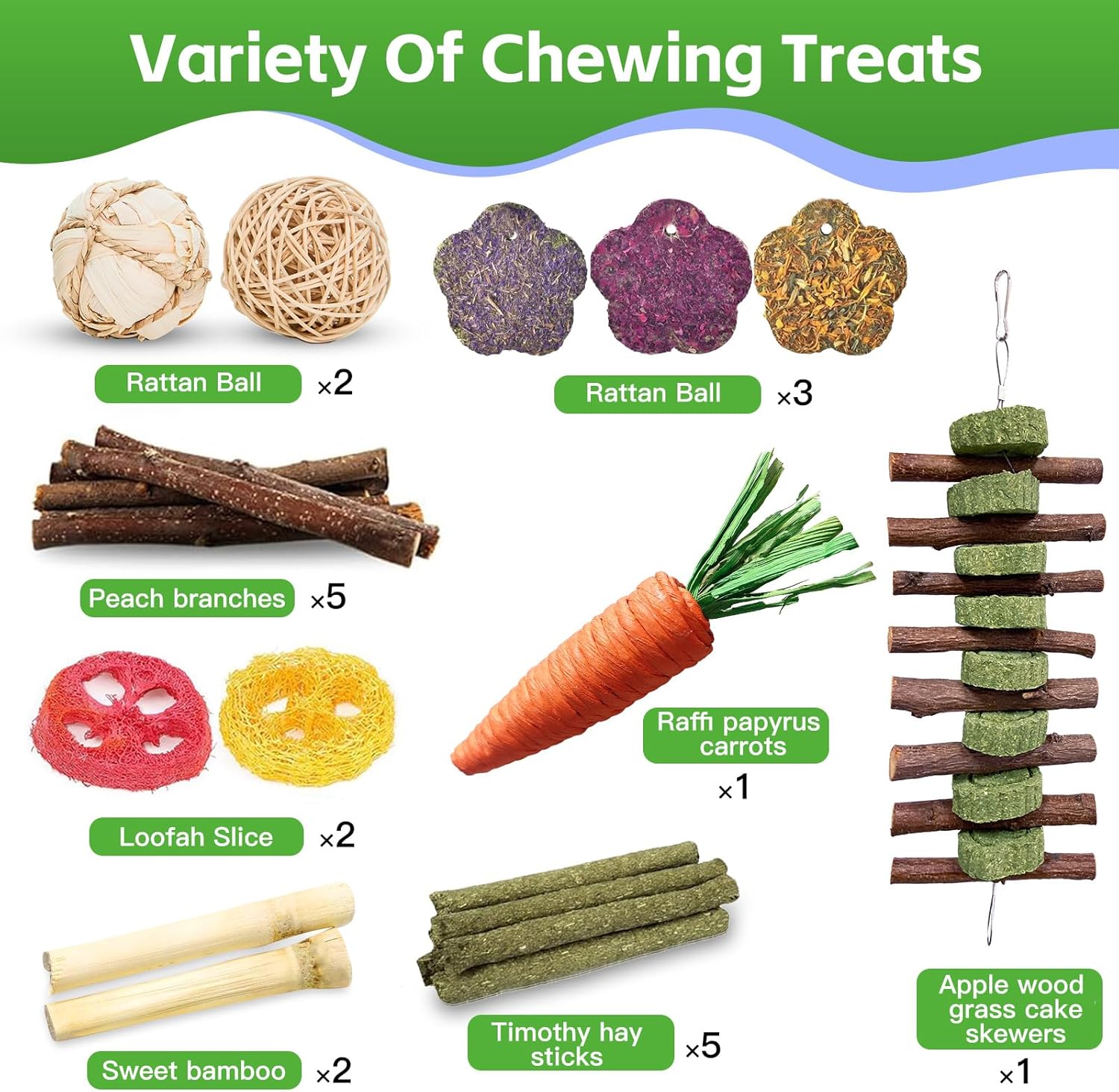 WDEFUN 21-Piece Natural Small Pet Chew Toys Set for Rabbits, Hamsters & Organic Grass Mat, Hay Sticks, Loofah Slices, Wooden Chews & More for Dental Health & Boredom Relief