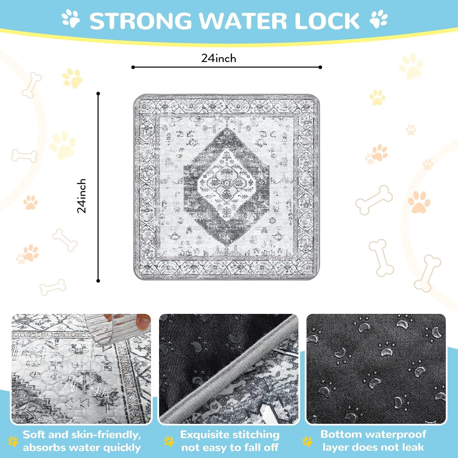 Lahome Super Absorbent & Leakproof Washable Dog Pee Pads - 2 Pack Value Set - Waterproof, Non-Slip Reusable Pads for Puppy Training, Crates & Whelping (24"x24", Gray)