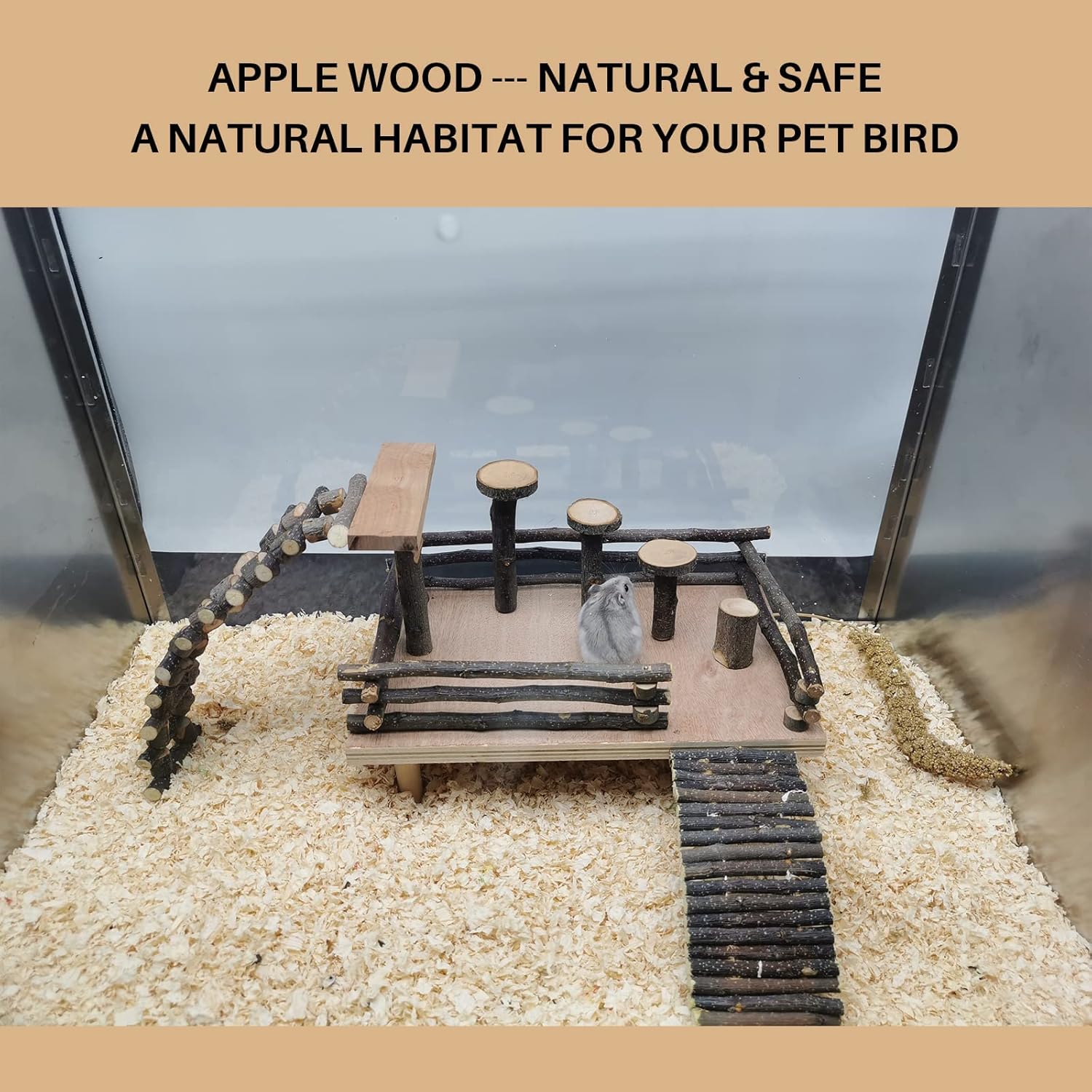 HOSUKKO Hamster Climbing Toys Wooden Hamster Playing Activity Set, Hamster Activity Playground Climb Platform Apple Wood Chewing Toys for Hamster Small Pets (D-Playground with Large Bridge)