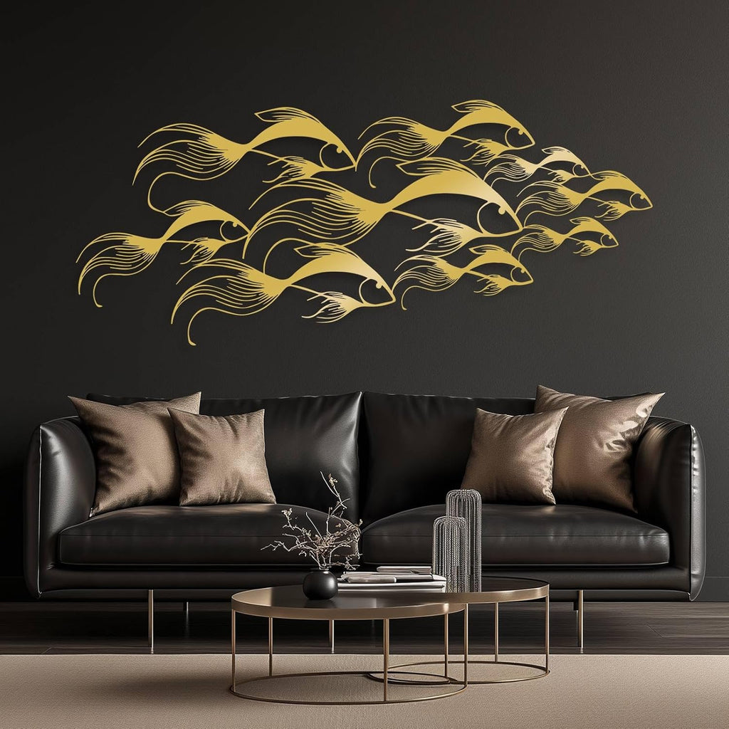 School of Fish Metal Wall Art, Metal Fish Wall Decor, Sea Life Wall Art, Large Nautical Wall Hanging, Modern Beach House Wall Decor, Ocean Themed Artwork for Bathroom (Gold, 41"x18" | 105x45cm)
