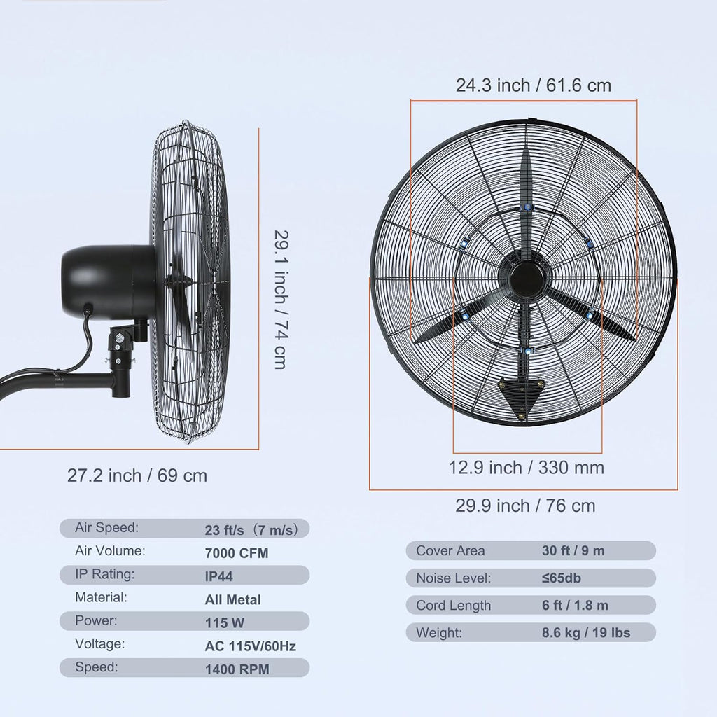 VEVOR 24 Inch 3-Speed 7000 CFM Black Waterproof Wall Mount Oscillating Fan