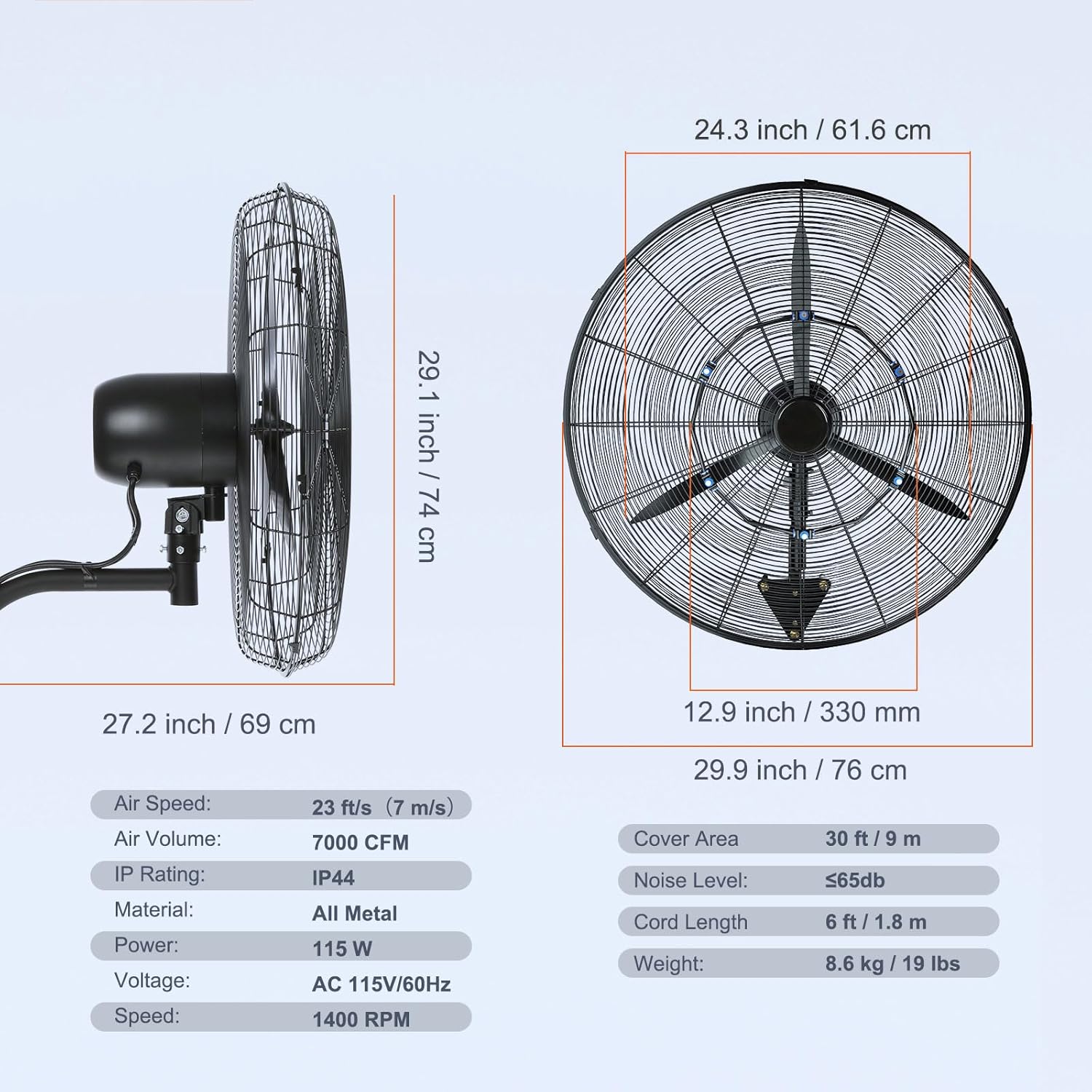 VEVOR 24 Inch 3-Speed 7000 CFM Black Waterproof Wall Mount Oscillating Fan