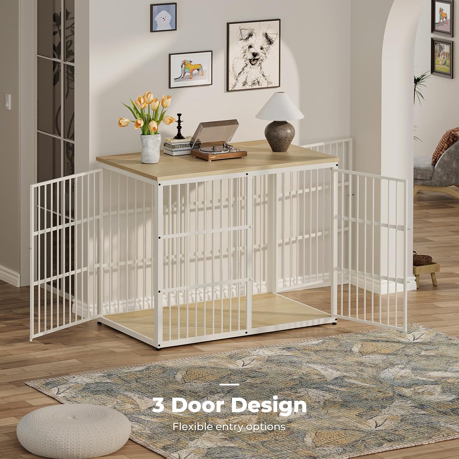 Lyromix 48'' XXL Dog Crate Furniture with 3 Doors,Wooden Crate End Table Heavy Duty Indoor Combination Cage for Medium to Large Dogs, Multiple Units Can be Combined, Natural Beech