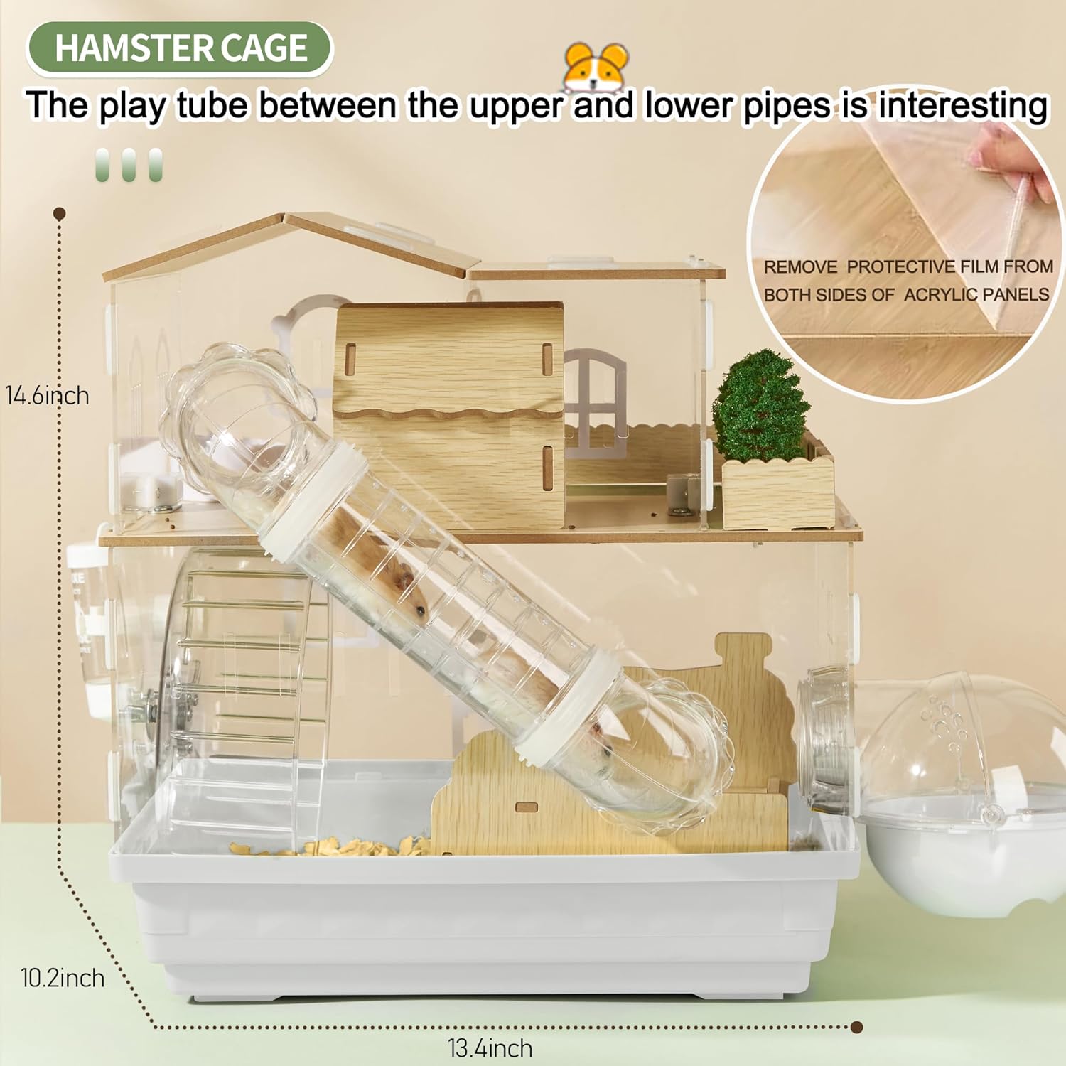 12 in 1 Clear Acrylic Hamster Cage with All Accessories,13.5''L* 10''W* 15''H Dwarf Hamster Cage,Magnetic Connection Small Hamster Enclosure,Garden Style Wooden Mouse Cage for Pet Mice(2-Layer,White)