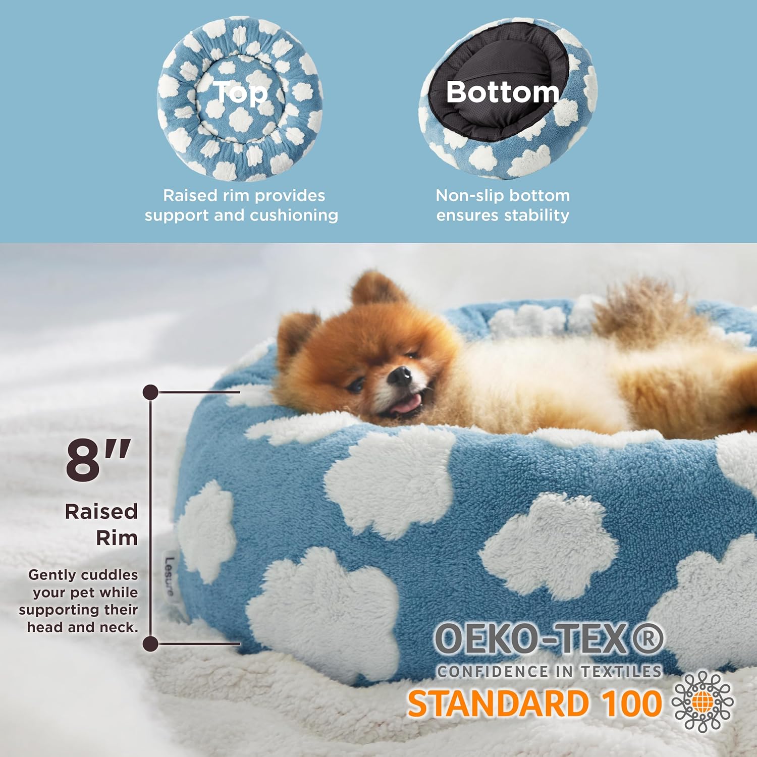LE SURE Donut Small Dog Bed - Round Cat Beds for Indoor Cats Calming Pet Beds, Cute Modern Beds with Jacquard Shaggy Plush & Anti Slip Bottom, 27 Inch, Blue