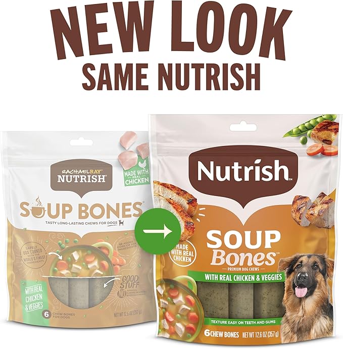 Nutrish Soup Bones Premium Dog Chews with Real Chicken and Veggies, Soft Texture Dog Treats, 11 Chews, Packaging May Vary (Rachael Ray)