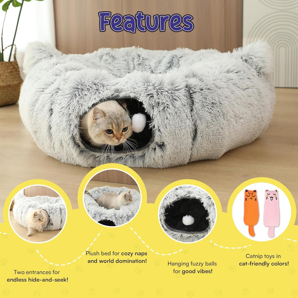 Cat Tunnel Bed Cave with Catnip Toys - Peekaboo Cat Hideaway & Cat Donut Tunnel - 3-in-1 Cat Tunnels for Indoor Cats - Foldable Cute Cat Bed - 32" Washable