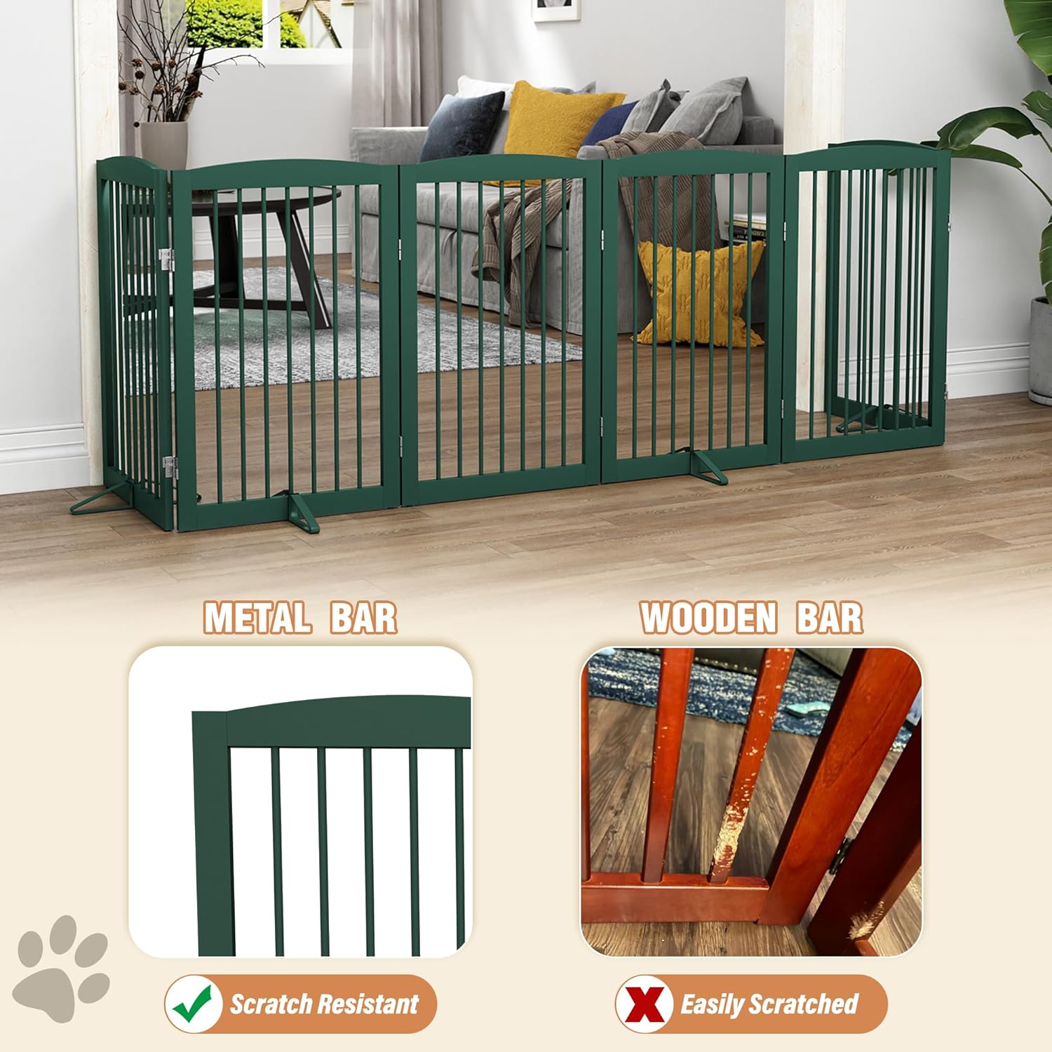 Freestanding Pet Gate for Dogs, Foldable Wooden Dog Gate for House, Extra Wide Indoor Pet Barrier for Stair, Doorway, Hall, Support Feet Included, 120 Inch Wide, 6 Panels 24",Green