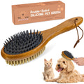 TAKAVU Short Hair Dog & Cat Deshedding Brush - Double Sided Grooming Tool with Silicone Massage & Bristle Sides - Removes Loose Fur & Dirt - Wood Handle