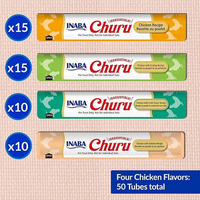 INABA Churu Cat Treats, Grain-Free, Lickable, Squeezable Creamy Purée Cat Treat/Topper with Vitamin E & Taurine, Each 0.5 Ounce (Pack of 50), 50 Tubes, Chicken & Seafood Variety