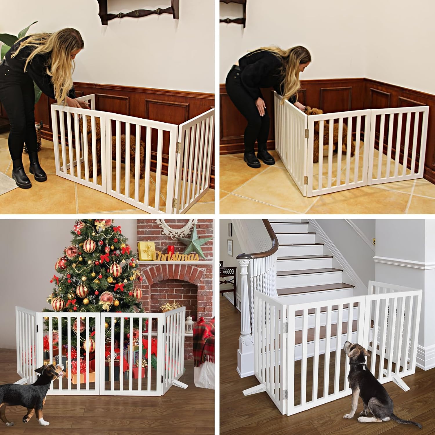 ZJSF Freestanding Indoor Dog Gate for House Foldable Wood White Puppy Gate for Doorways Pet Gate for Stairs Extra Wide Pet Fence 24" Height 2 Panels