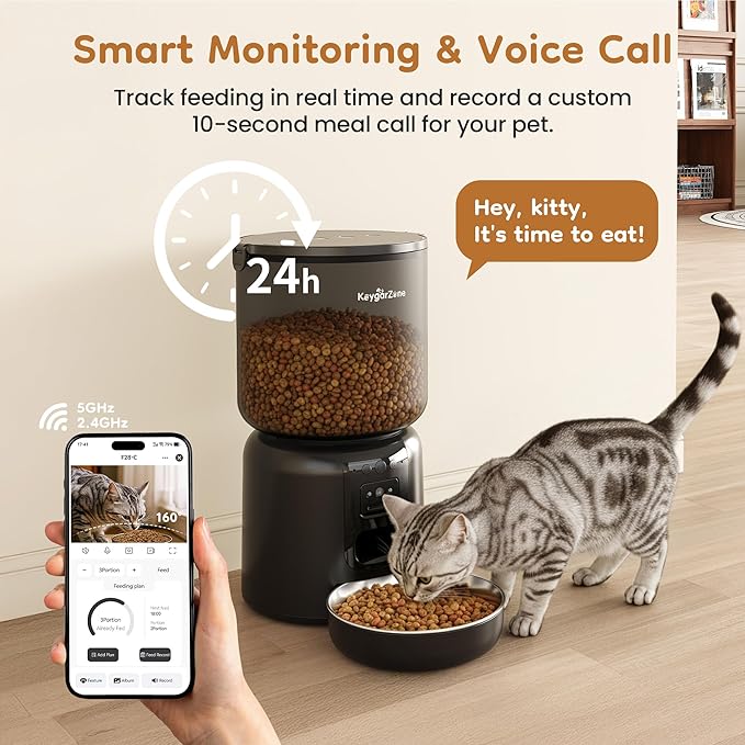 Smart Automatic Pet Feeder with 2MP HD Camera, App Control via 2.4G/5G WiFi, Dual Power System & Voice Recording, 4L Food Dispenser for Cats and Small Dogs, Black