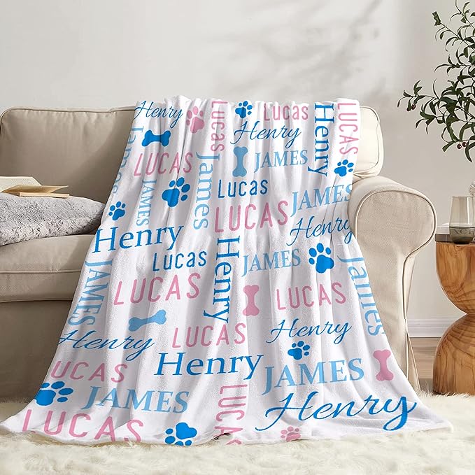 Personalized Dog Blankets Dog Paw Print Blanket Puppy Blanket - Custom Dog Blanket with Pets Name Cute Paw Print Pet Throw Puppy Fluffy Blankets XL 120"x90" for Family
