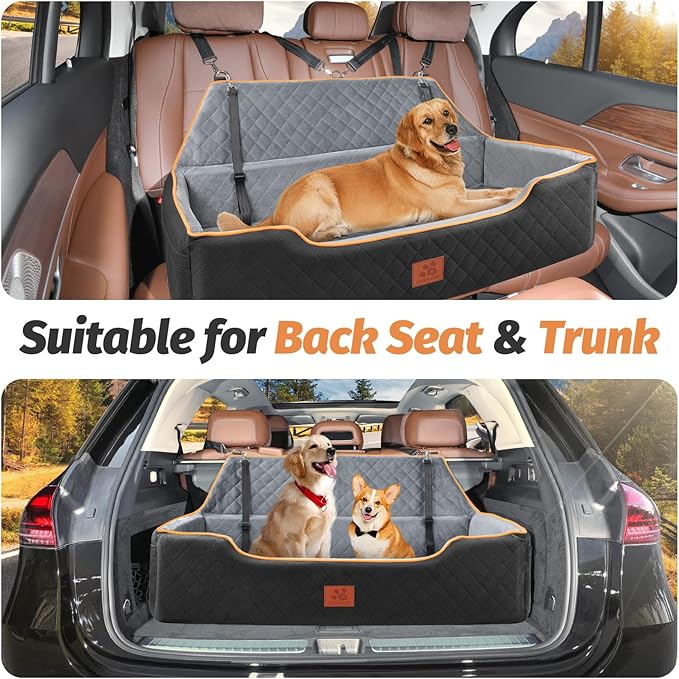 Large Dog Car Seat for Dods Under 100 Lbs, Memory Foam Dog Car Bed for Backseat & Trunk, Detachable and Washable Cover, Pet Travel Seat with Storage Pockets, 2 Safety Belts