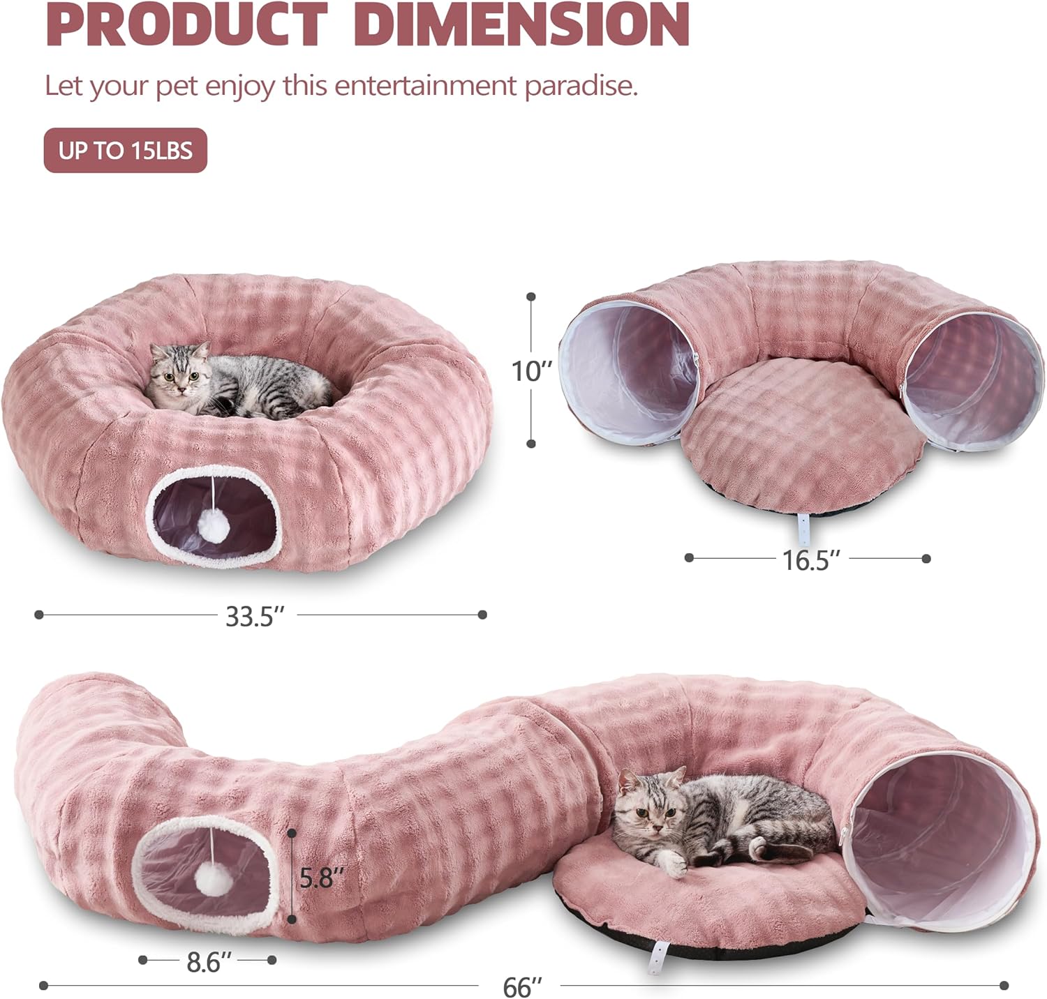 Bubble Cat Tunnel for Indoor Cats, Round Peekaboo Cave Toy with Dangling Balls, Donut Tunnel Bed with Circle Mat for Puppy Kitten Rabbit, Dusty Pink