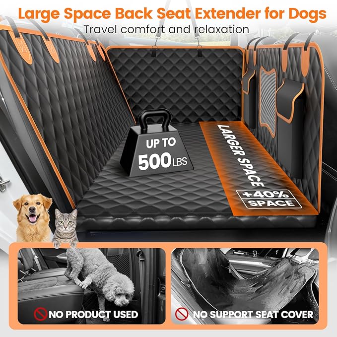 Dog Seat Cover for Back Seat Hard Bottom,Holds 500 lbs,Waterproof Dog Car Seat Cover for Back Seat Extender,Scratch-Proof Pet Hammock for Car,SUV,Truck - with Mesh Window & Storage,Black