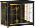 DWANTON Dog Crate Furniture with Cushion, Wooden Kennel Table with Double Doors, Indoor Dog House, Medium Size, 32.5" L, Black+Gold