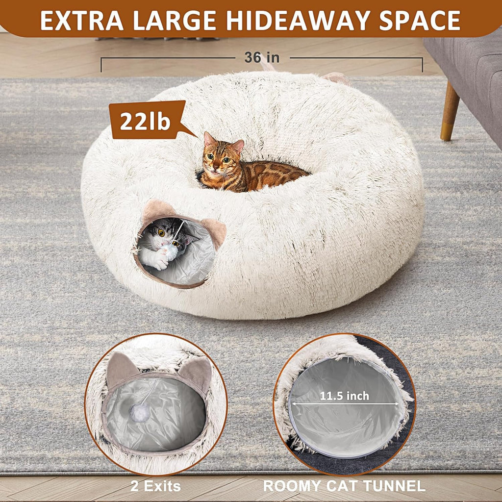 Cat Tunnel with Cat Bed for Indoor Cats, Soft Plush Peekaboo Cat Cave Donut Tunnel, Multifunctional Playground Toys Hideplace for Small Medium Large Kittens, Rabbit, Ferret (Cream White)