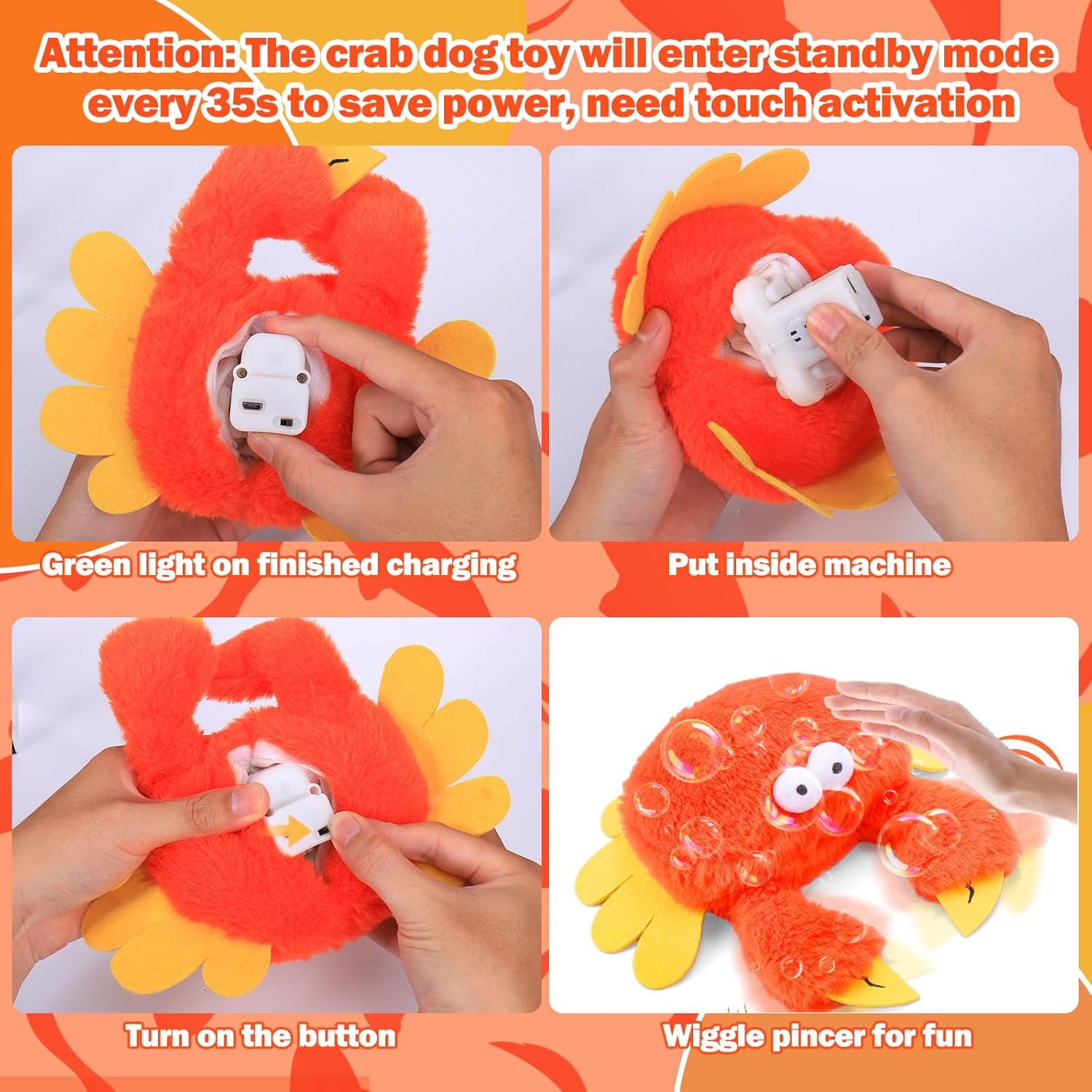 Interactive Dog Toys, Crab Dog Toy that Wiggle Pinchers, Dog Toys to Keep Them Busy, Touch Activated Dog Toys for Small / Medium / Large Puppy Enrichment, Rechargeable Pet Toys Plush, Squeaky Dog Toys