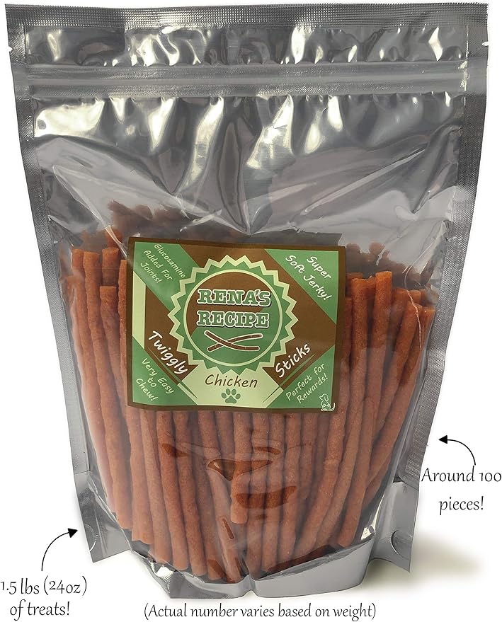 Rena's Recipe Twiggly Chicken Sticks (24oz /1.5lbs) Big Pack (Around 100 Pieces) - Rawhide Free Soft Chicken Jerky Sticks with Glucosamine!