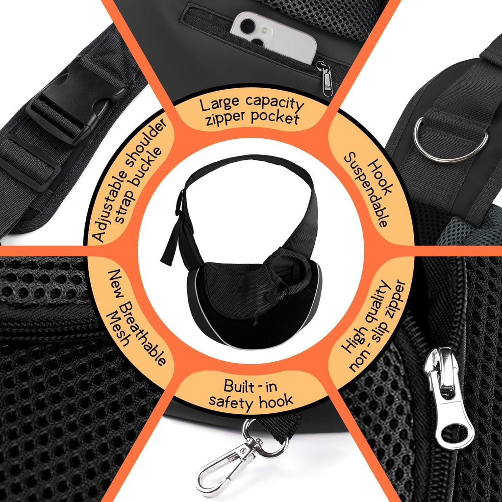 YUDODO Pet Sling Carrier for Small Dogs & Cats – Hands-Free Puppy Carrier with Safety Hook, Large Zipper Pocket, Soft Breathable Mesh, Adjustable Strap & Reflective Strip (Black 2.0 L)