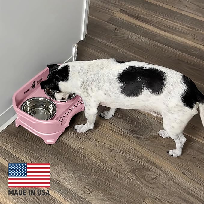 Neater Feeder Express Mess Proof Dog Bowls Elevated for Small Breed – Made in USA – No Spill Raised Slow Feeder Elevated Dog Bowl Stand, Stainless Steel Food and Water Bowl Set, Pink