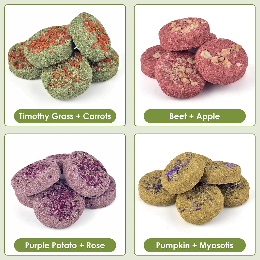 ERKOON 24Pcs Bunny Chew Toys, Small Animal Molar Toys Timothy Grass Beet Sweet Potato Pumpkin Cake Treats for Guinea Pig Hamster Bunny Chinchilla Gerbil, 100% Natural Rabbit Chews and Treats