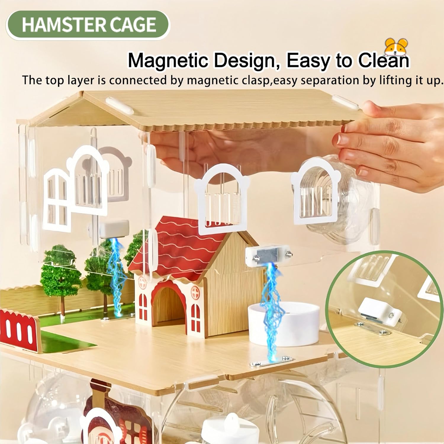 12 in 1 Clear Acrylic Hamster Cage with All Accessories,13.5''L*10''W*15''H Dwarf Hamster Cage,Magnetic Connection Small Hamster Enclosure,Wooden Mouse Cage for Pet Mice(2-Layer,Pink) Install Required