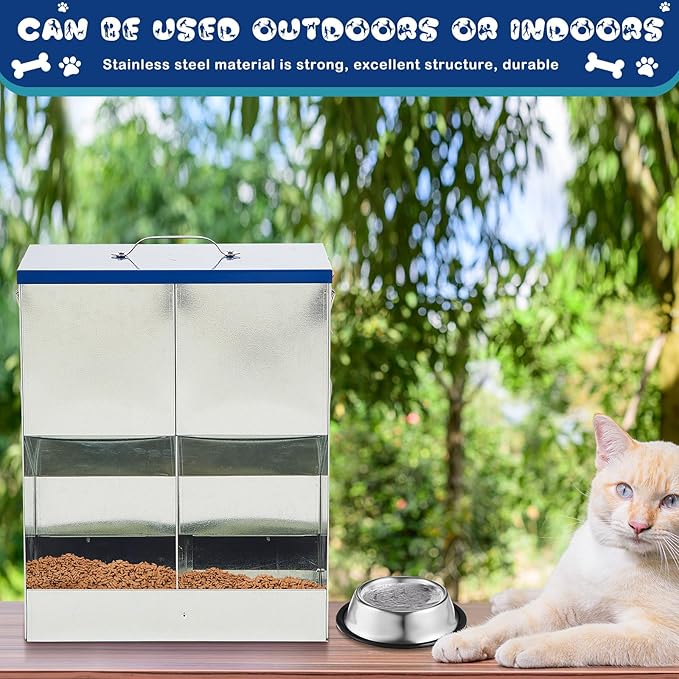 Automatic Feeder for 2 Cats Outdoor Galvanized 42cups/10l Double Feeder with 2 Stainless Steel Water Bowls for Small Pets Cats Dogs Outdoor Indoor Dry Food Dispenser