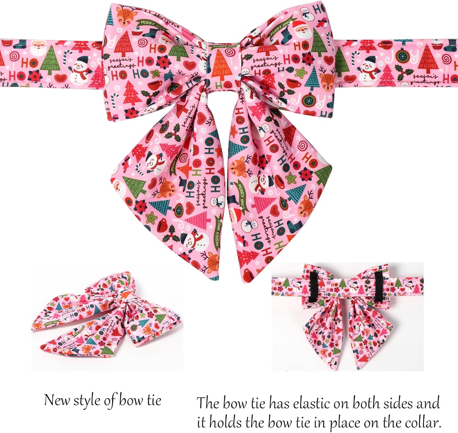 Lionet Paws Christmas Dog Collar with Sailor Bow, Cute Ho Christmas Tree Snowman Pink Dog Collar Bow Tie for Dogs, Small, Neck 10-16 inches