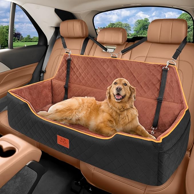 Large Dog Car Seat for Dods Under 100 Lbs, Memory Foam Dog Car Bed for Backseat & Trunk, Detachable and Washable Cover, Pet Travel Seat with Storage Pockets,2 Safety Belts
