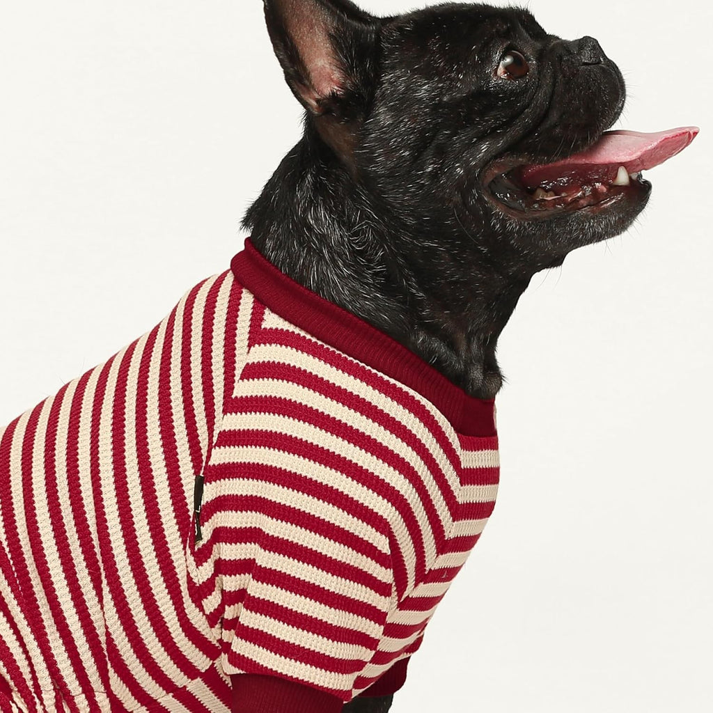 Fitwarm Red and White Striped Dog Pajamas, Waffle Dog Clothes for Small Dogs Girl Boy, Puppy Onesie with Feet, Pet Christmas Outfit, Small
