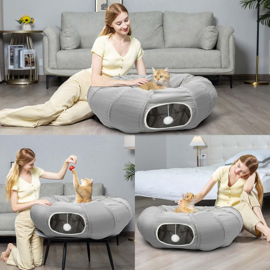 AUOON Cat Play Tunnel - Round Cat Tunnel with Bed | Interactive Cat Toys for Indoor Cats Kitten Kitty Puppy Rabbit Ferret (Light Grey)