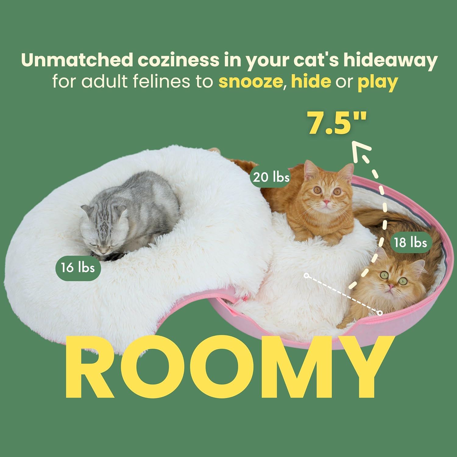 CATTASAURUS Peekaboo Cat Cave for Multiple & Large Cats Up to 30-45 Lbs, Fluffy Cat Beds for Indoor Cats, Scratch Detachable & Washable Tunnel Bed, Comfy Donut Cat Cave (Pink, Large (Calming))