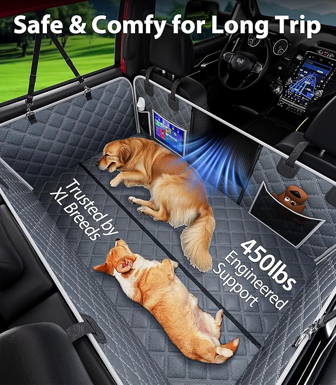PetGenie Dog Car Seat Cover for Back Seat 10-Layer Military-Grade Protection, Hard Bottom Dog Hammock, Pet Bed Extender for Dogs, Waterproof Seat Protector Universal L Size Fits for SUV Medium Truck