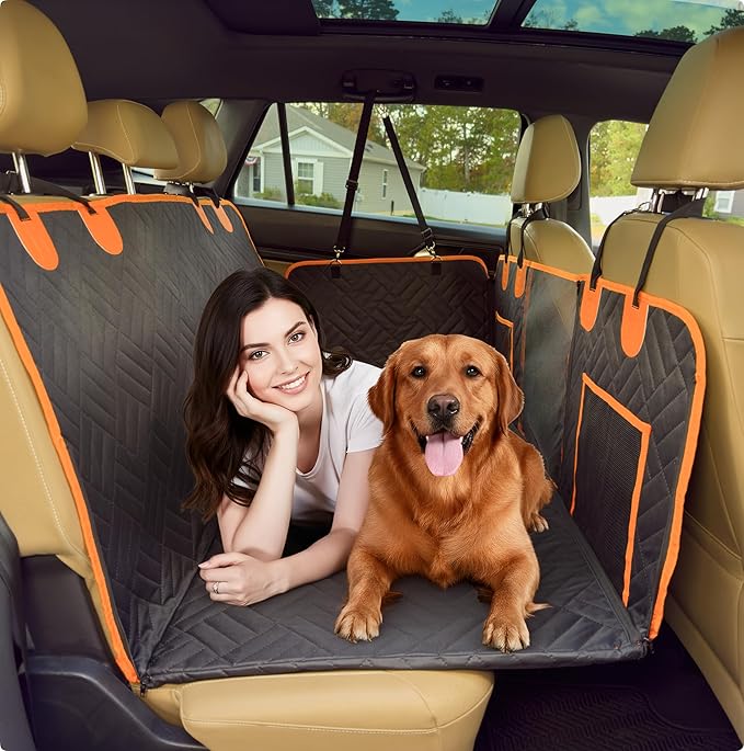 Burnt Orange Back Seat Extender for Dogs – Hard Bottom Dog Car Seat Cover, Waterproof & Non-Slip, Expands Back Seat Space, Mesh Window, Storage Pockets – Fits Cars, SUVs & Trucks