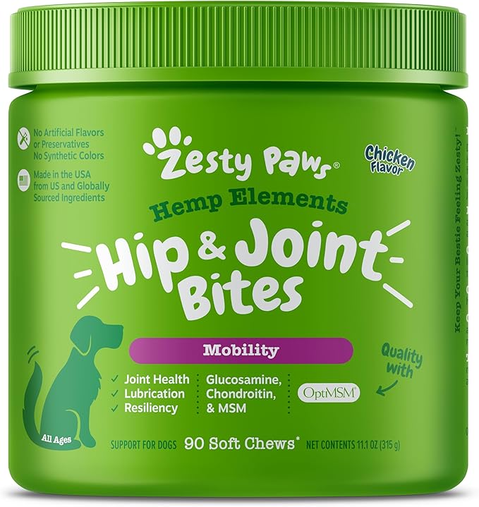 Zesty Paws Mobility Bites Joint Supplement for Dogs - Soft Chews with Glucosamine for Dogs, Chondroitin, & MSM + Vitamins C and E - Hemp - Chicken - 90ct