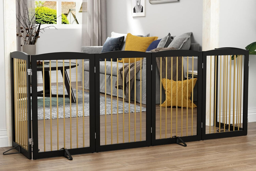 Freestanding Pet Gate for Dogs, Indoor Wooden Dog Gate for House, Extra Wide Dog gate, Foldable Dog Gate for Stair, Doorway, Hall, Support Feet Included, 120 Inch Wide, 6 Panels 32",Black&Gold