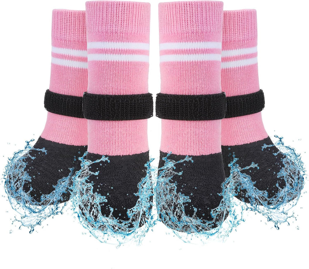 SCENEREAL Anti Slip Dog Boots & Paw Protectors for Hardwood Floor, Extended Dog Socks to Prevent Licking Paws, Waterproof Pet Snow Rain Shoe for Winter Large Senior Dogs, Pink L