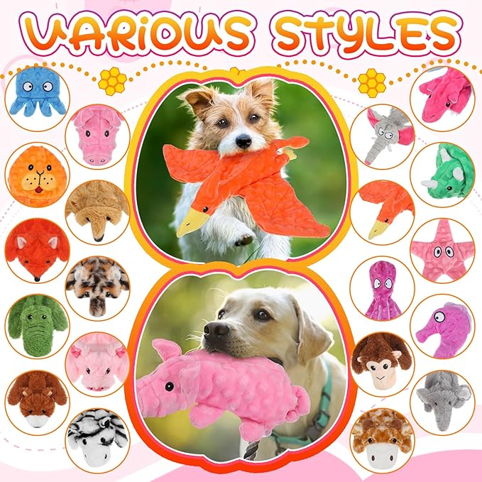 Outus 20 Pcs No Stuffing Dog Squeaky Toys Bulk for Aggressive Chewers, Crinkle Teething Chew Plush Toys for Small Medium Large Pet Gift, 20 Styles(Vivid Style)