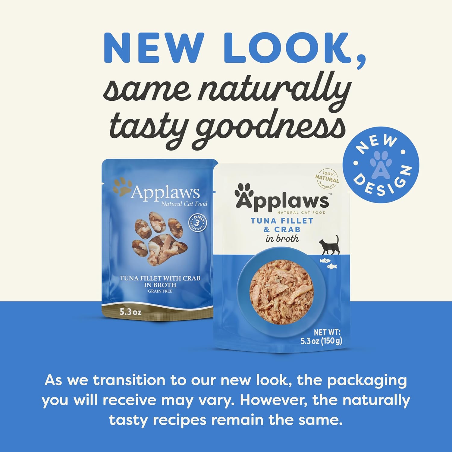 Applaws Natural Wet Cat Food in Broth, Limited Ingredient Wet Cat Food Pouches, No Additives, Made with Natural Ingredients, Tuna Fillet with Crab in Broth (12 x 5.3oz Pouches)