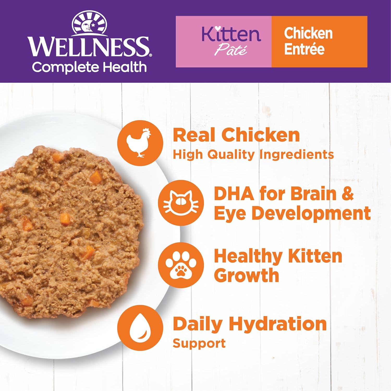 Wellness Complete Health Pate Kitten Wet Cat Food, Natural, Protein-Rich, Grain Free, 3 Ounce, 24 Pack, (Chicken)