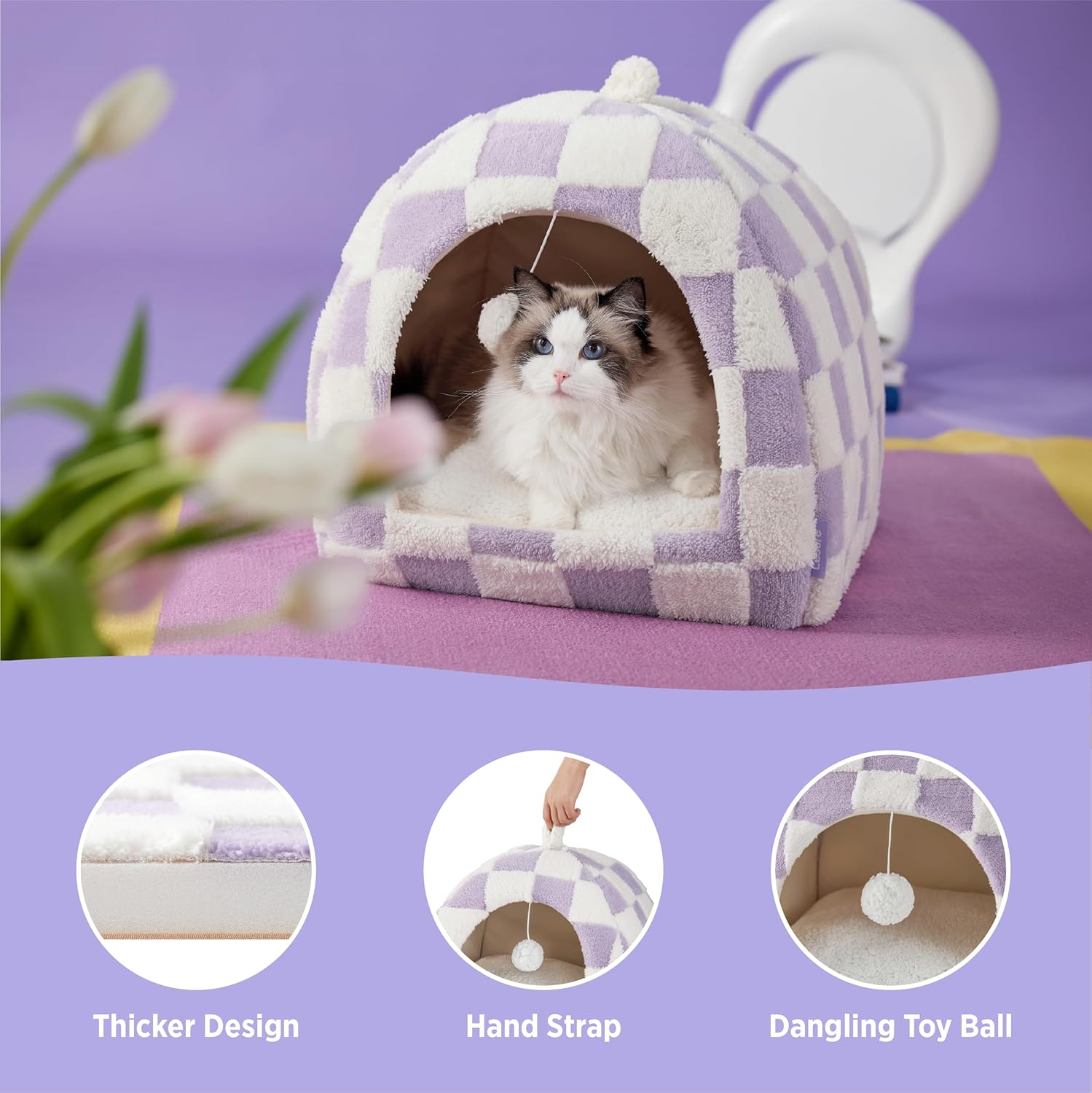 Lesure Cute Cat Beds for Indoor Cats - 2 in 1 Cat Cave Bed for Kittens and Small Pets with Removable Washable Cushioned Pillow, Cozy Kitten with Non-Slip Bottom, Purple, 16 inches