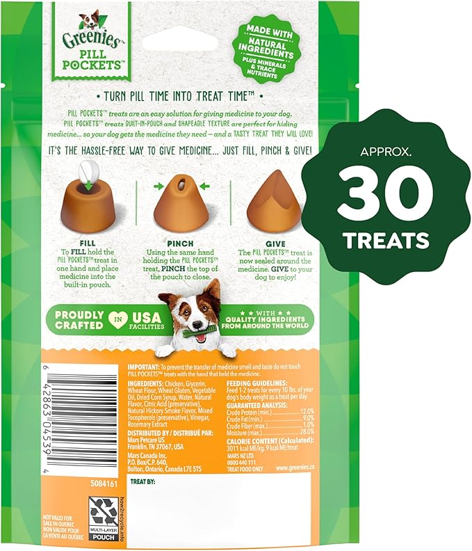 Greenies Pill Pockets for Dogs Small Size, Soft Dog Treats, Chicken Flavor, 3.2 oz. Pouch (30 Treats)