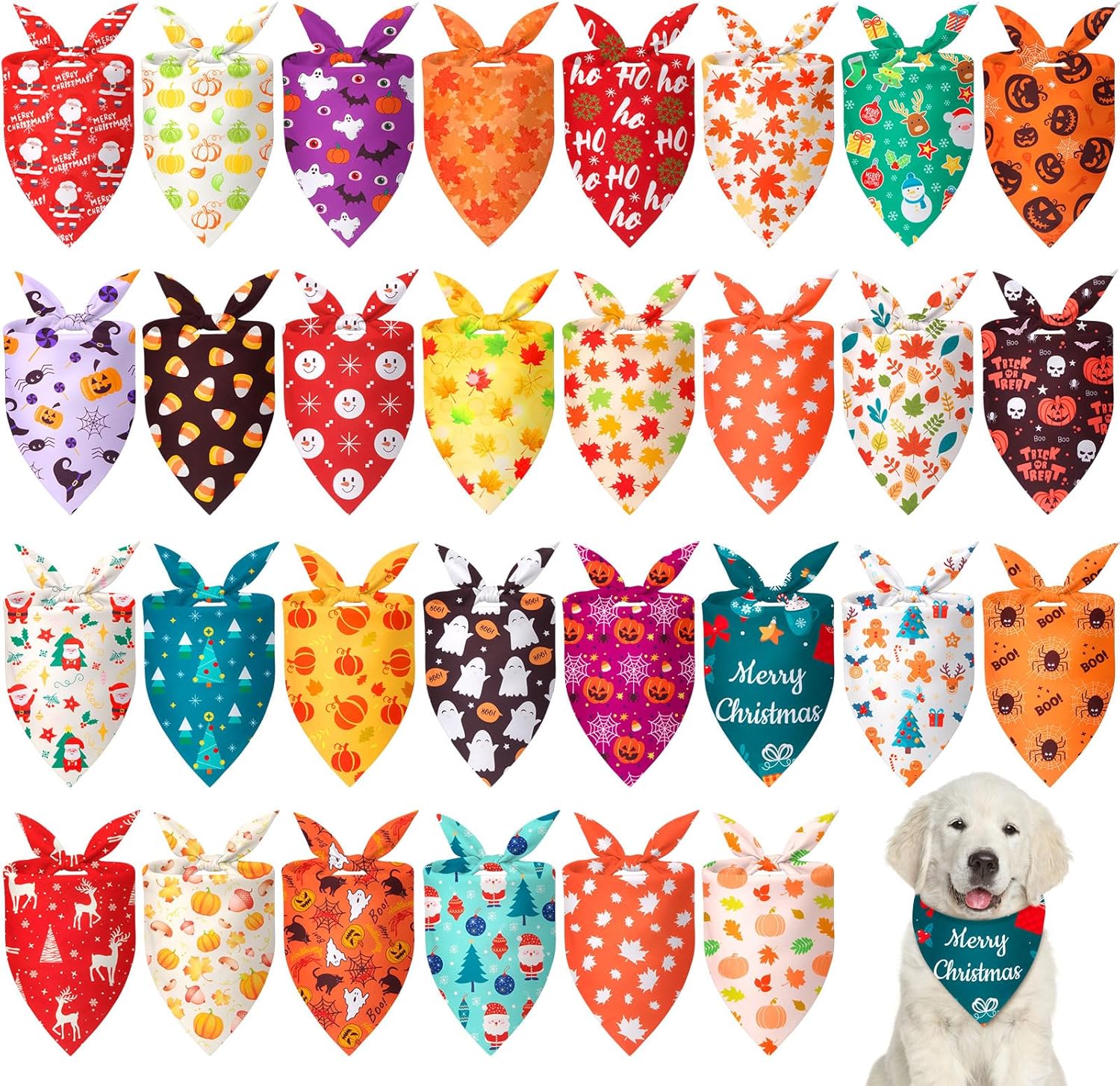 Chunful 30 Pcs Holiday Dog Bandanas Bulk for Fall Thanksgiving Halloween Christmas with Maple Leaves Pumpkin Ghost Snowman Seasonal Triangle Pet Scarf for Small Medium Large 25.6 x 17.7 x 17.7 in