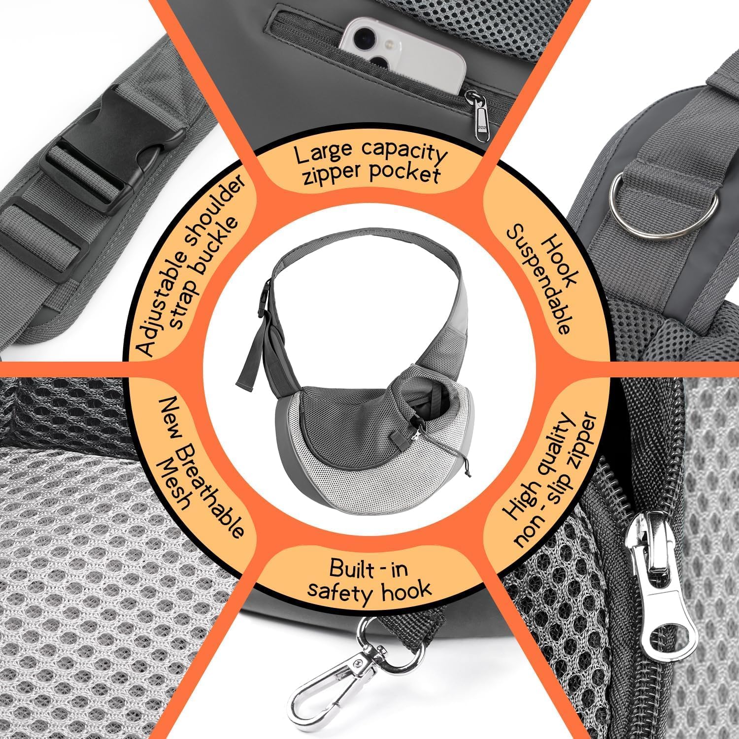 YUDODO Pet Sling Carrier for Small Dogs & Cats – Hands-Free Puppy Carrier with Safety Hook, Large Zipper Pocket, Soft Breathable Mesh, Adjustable Strap & Reflective Strip (Gray 1.0 S)