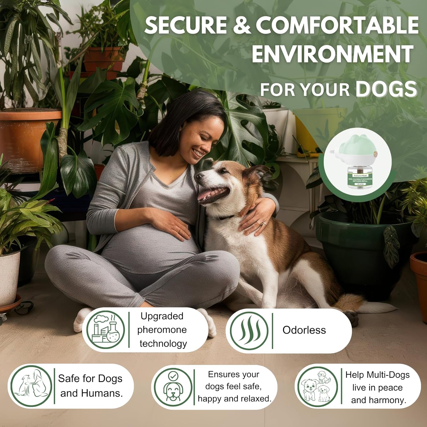 Dog Pheromone Diffuser Kit, Pet Diffuser for Stress Support, Reduces Stress and Promotes Relaxed Behavior, 2 Plug-in + 4 Packs Refill, 120 Day Supply (Non-Toxic, Safe & Inedible), Diffuser with Light